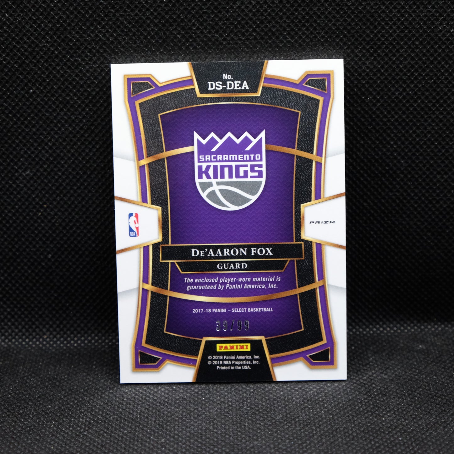 2017-18 De'Aaron Fox Select Draft Selections DS-DEA Purple Prizm Patch Rookie /99