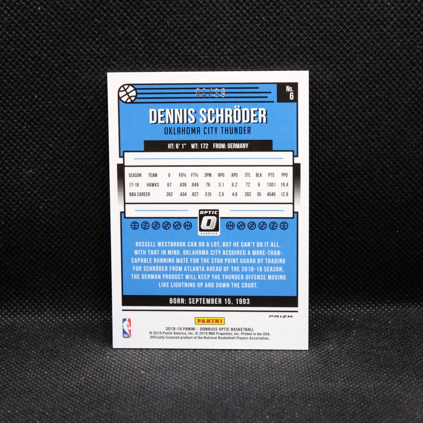 2018-19 Donruss Optic Dennis Schroder Black Velocity Prizm /39