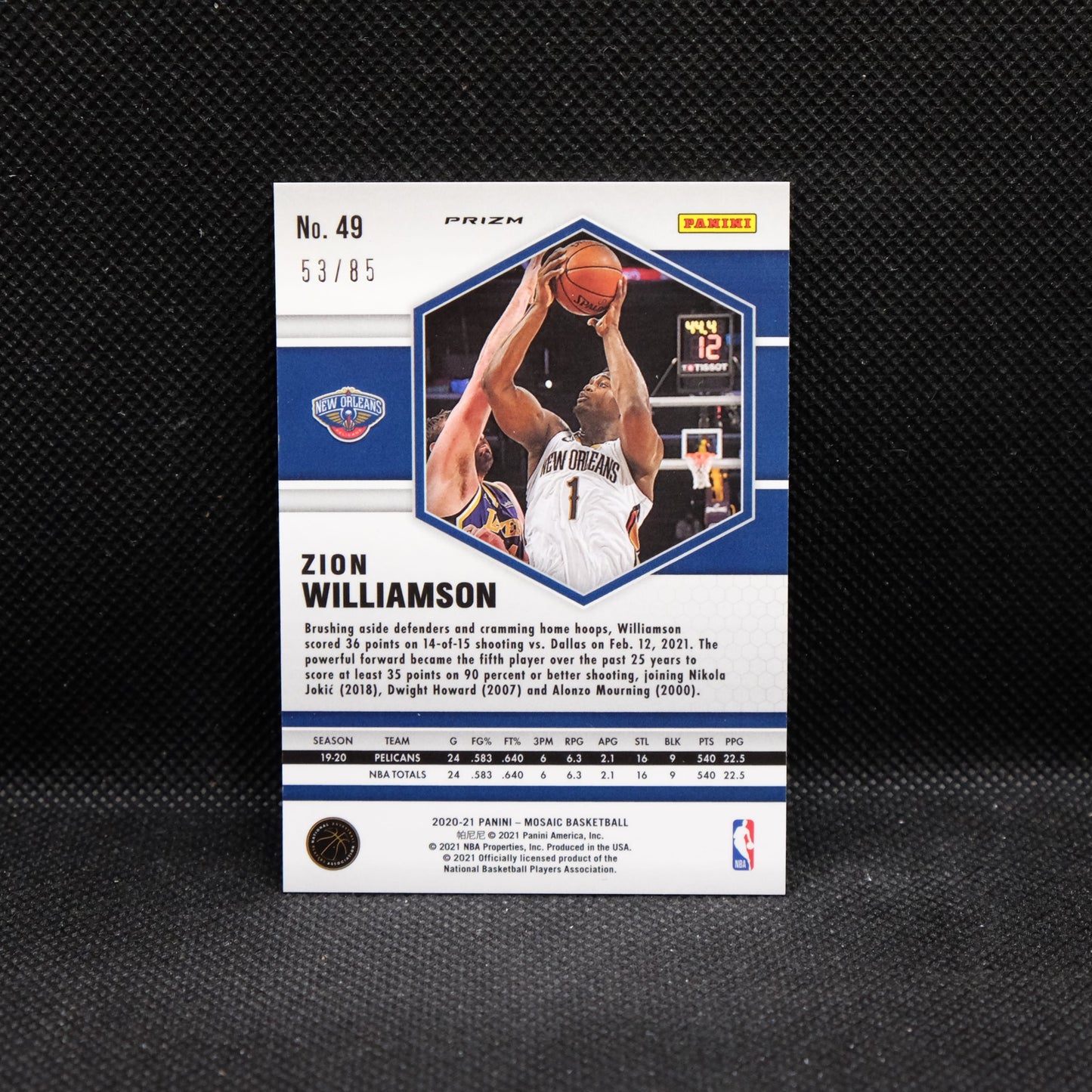 2020-21 Mosaic Zion Williamson #49 Blue Fast Break Prizm /85