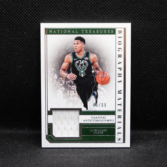 2018-19 Giannis Antetokounmpo National Treasures Biography Materials 49/99