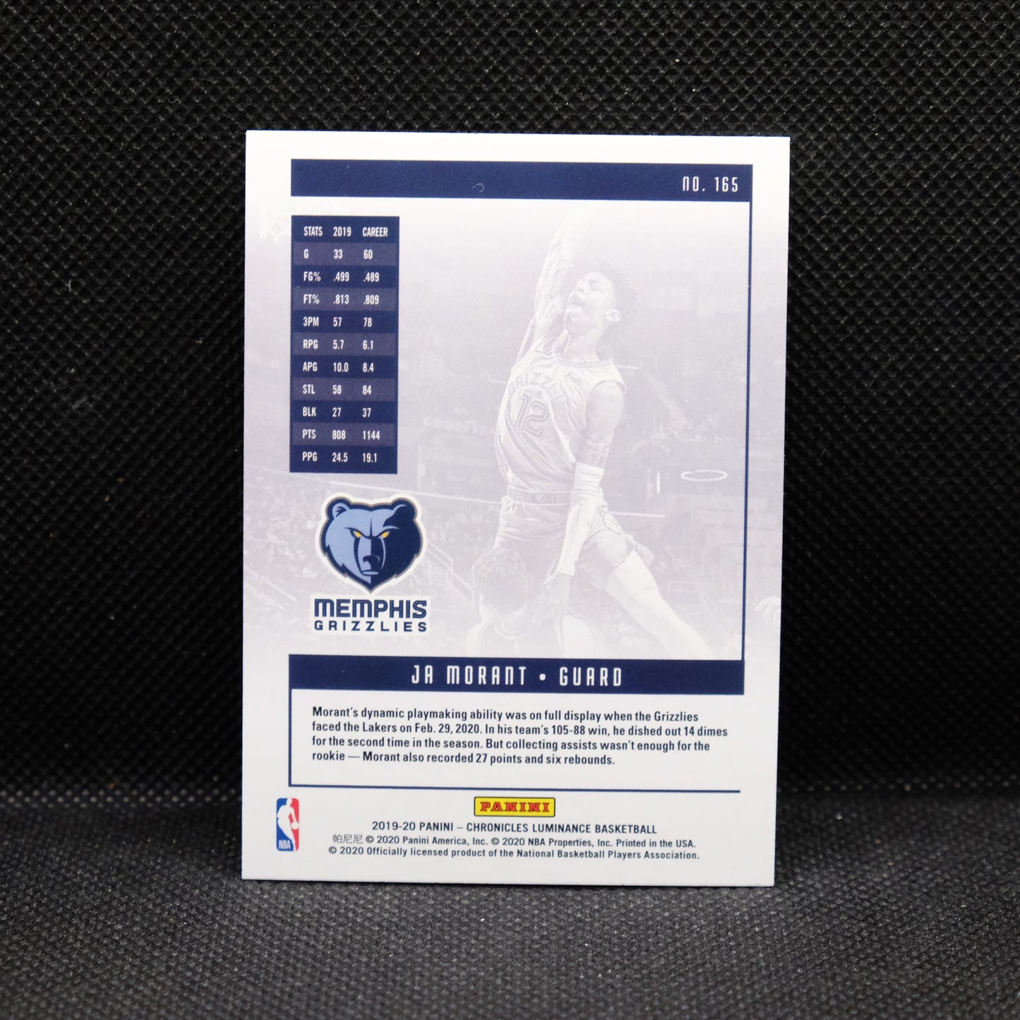 2019-20 Ja Morant Chronicles Luminance #165 Rookie Card