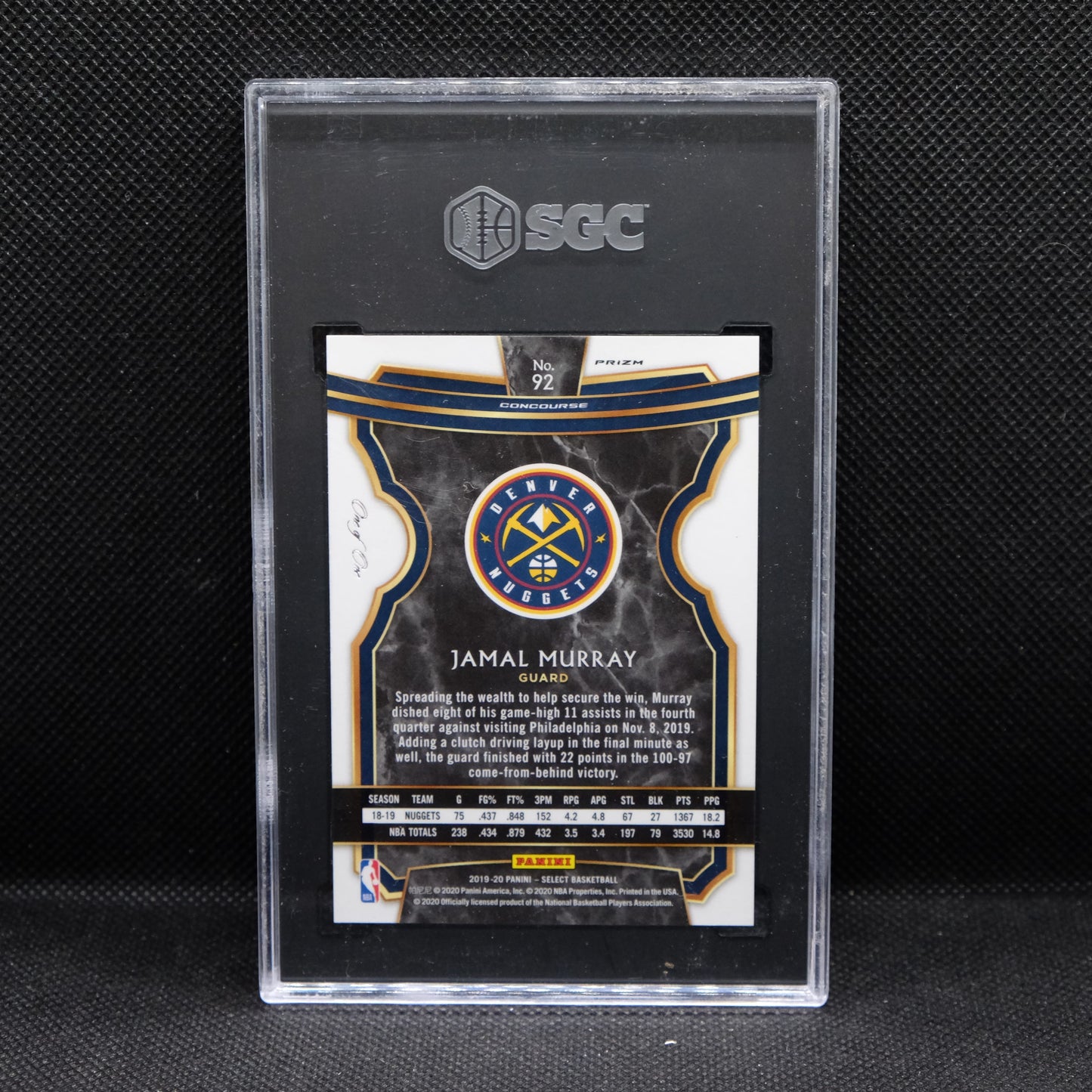 2019-20 Jamal Murray Select #92 Black Disco Prizm 1/1 One of One SGC 10 GEM MINT