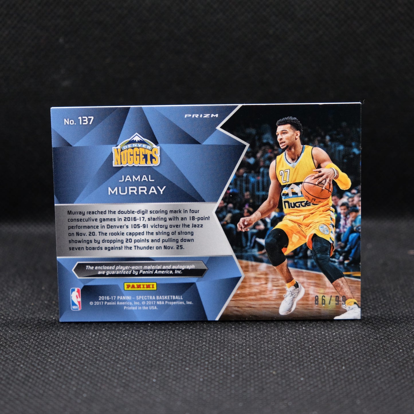 2016-17 Jamal Murray Spectra #137 Rookie Patch Auto RPA Neon Blue Prizm 86/99